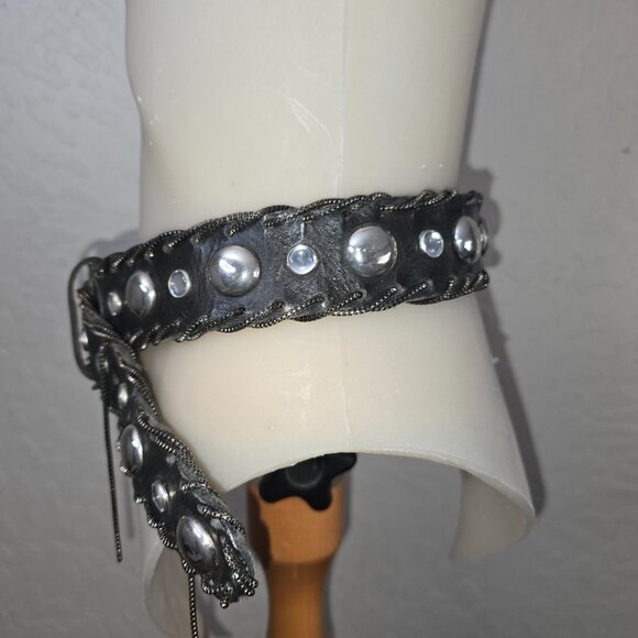 VTG Nanni Studded Black Leather Belt With Intricate Silver Buckle & Mesh Chains - Picture 3 of 11